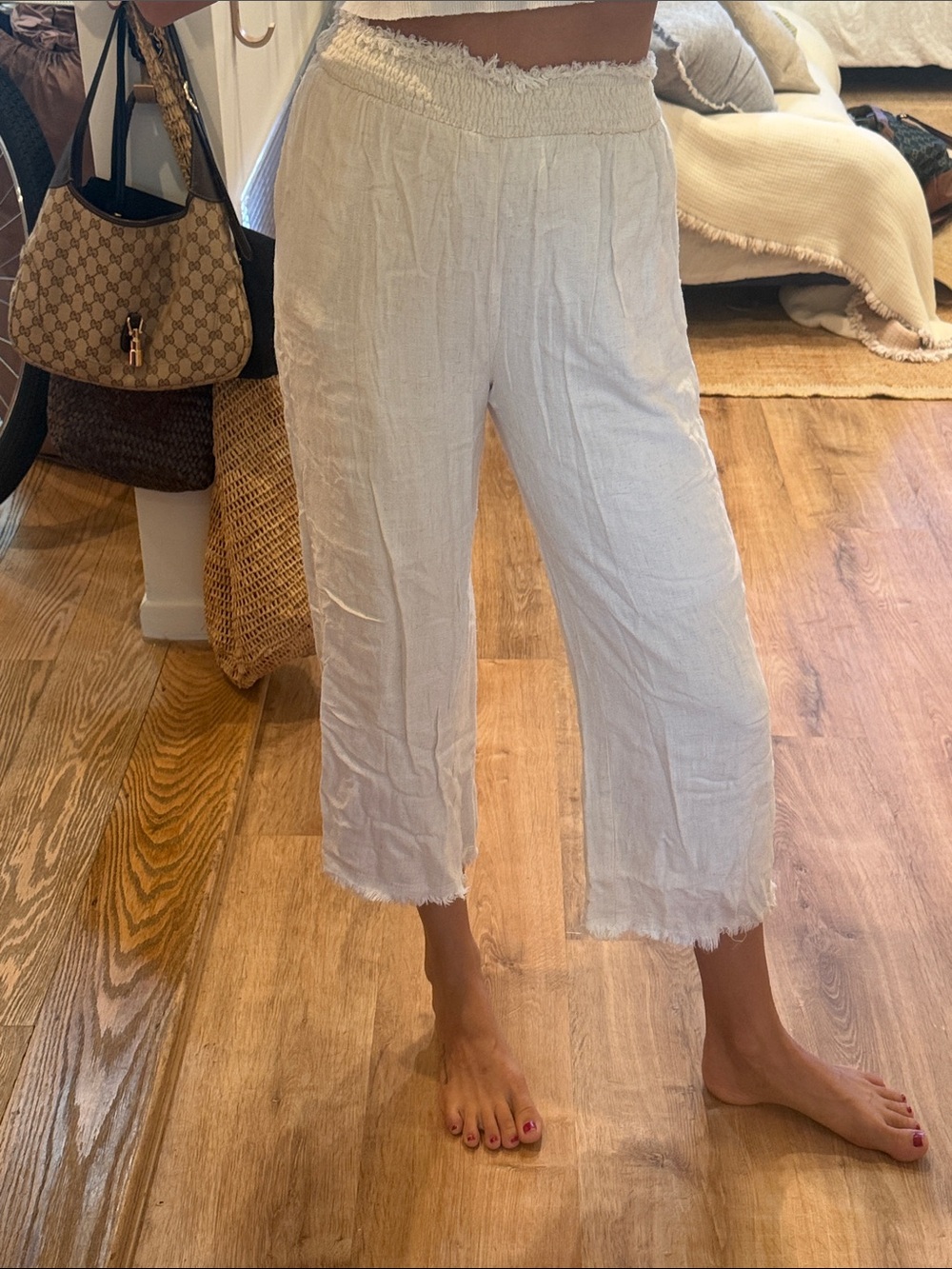High-Waist Cream Elastic Waist Linen Pants